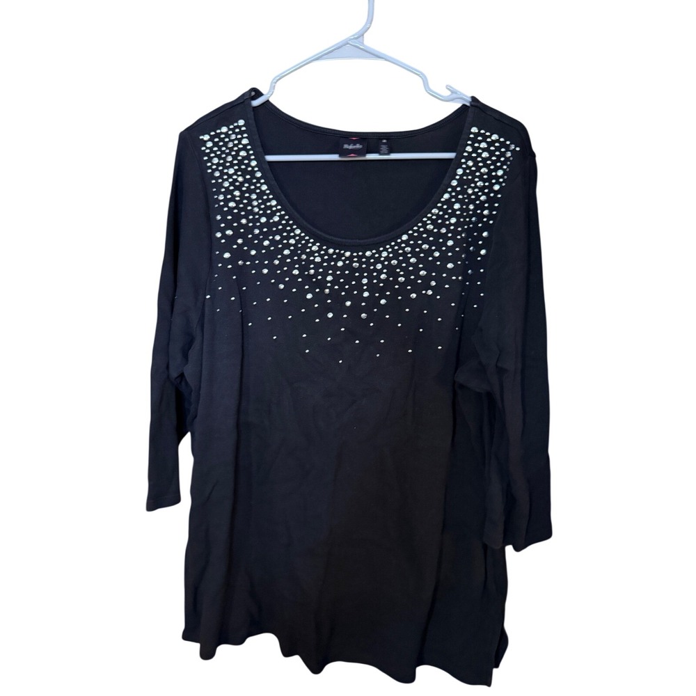 Rafaella Womens 2X Black Top Embellished Jewel Neckline 3/4 Sleeve Blouse